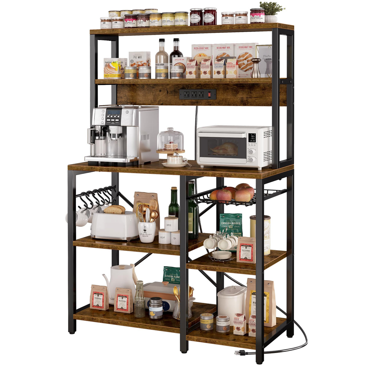SUPERJARE Rustic Brown Bakers Rack with Power Outlet and Open Storage Space SUPERJARE