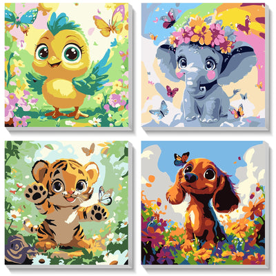 HEIBAGO Framed 4 Pack Paint by Number for Kids,Paint by Numbers for Beginners, Cute Animals Paint by Numbers kit for Kids, DIY Acrylic Oil Painting for Home Wall Decor (8x8inch)