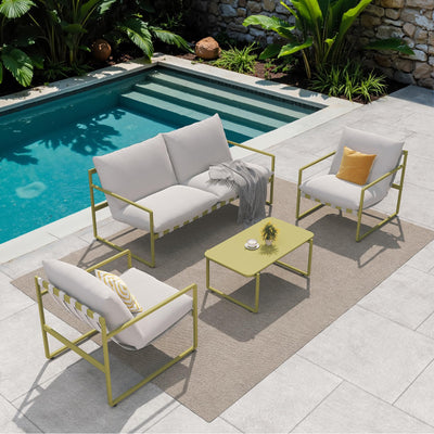 Grand patio 4-Piece Outdoor Furniture Set, Modern Patio Furniture with Soft Cushions, Small Metal Sofa Couch with Coffee Table, Conversation Set for Porch Deck Balcony Backyard Living Room, Green