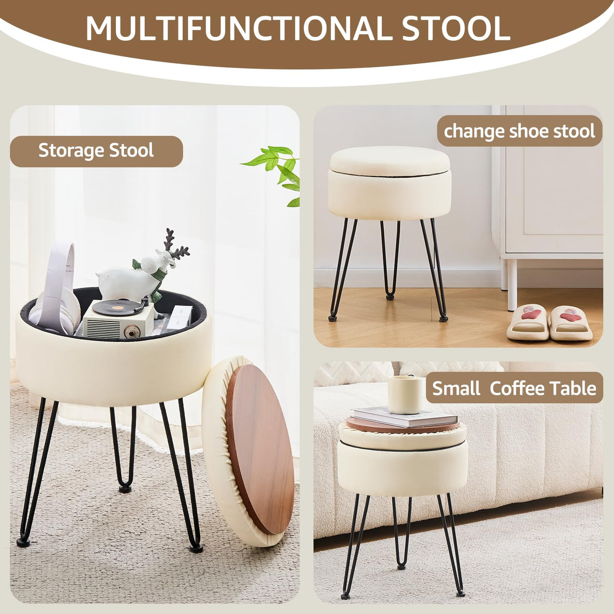 Wimarsbon Round Storage Ottoman Foot Stool Modern Faux Leather Vanity Stool with Solid Wood Frame&Metal Legs,Compact Footstool Dressing Stool Footrest for Living Room Bedroom or Entryway (White) Wimarsbon