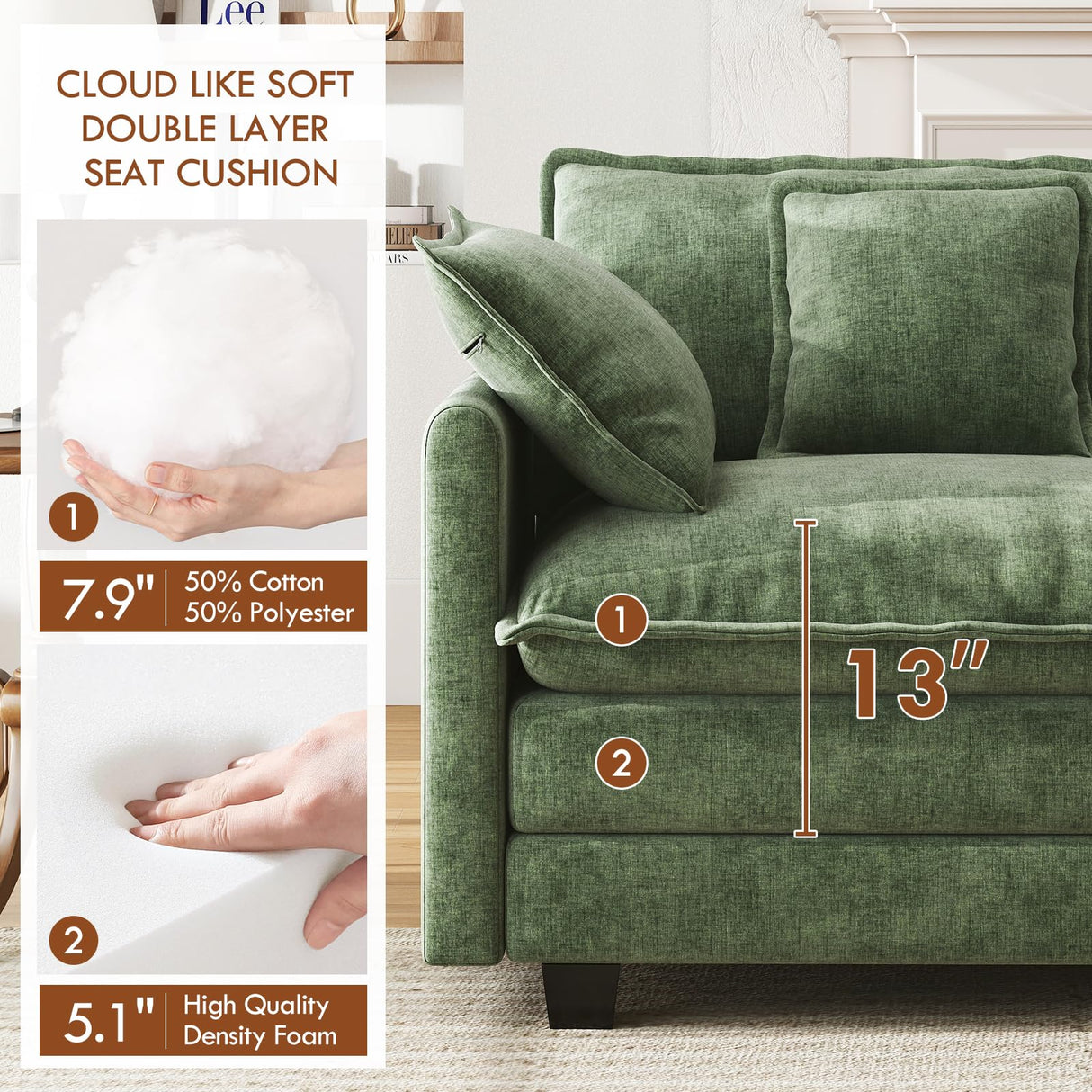 WorthFurni 146” Oversized Modular Sectional Sofa, U Shaped Cloud Couch Set, 4-Seater Comfy Chenille Couches with 2 Movable Ottomans, DIY Combination for Living Room (Green) WorthFurni