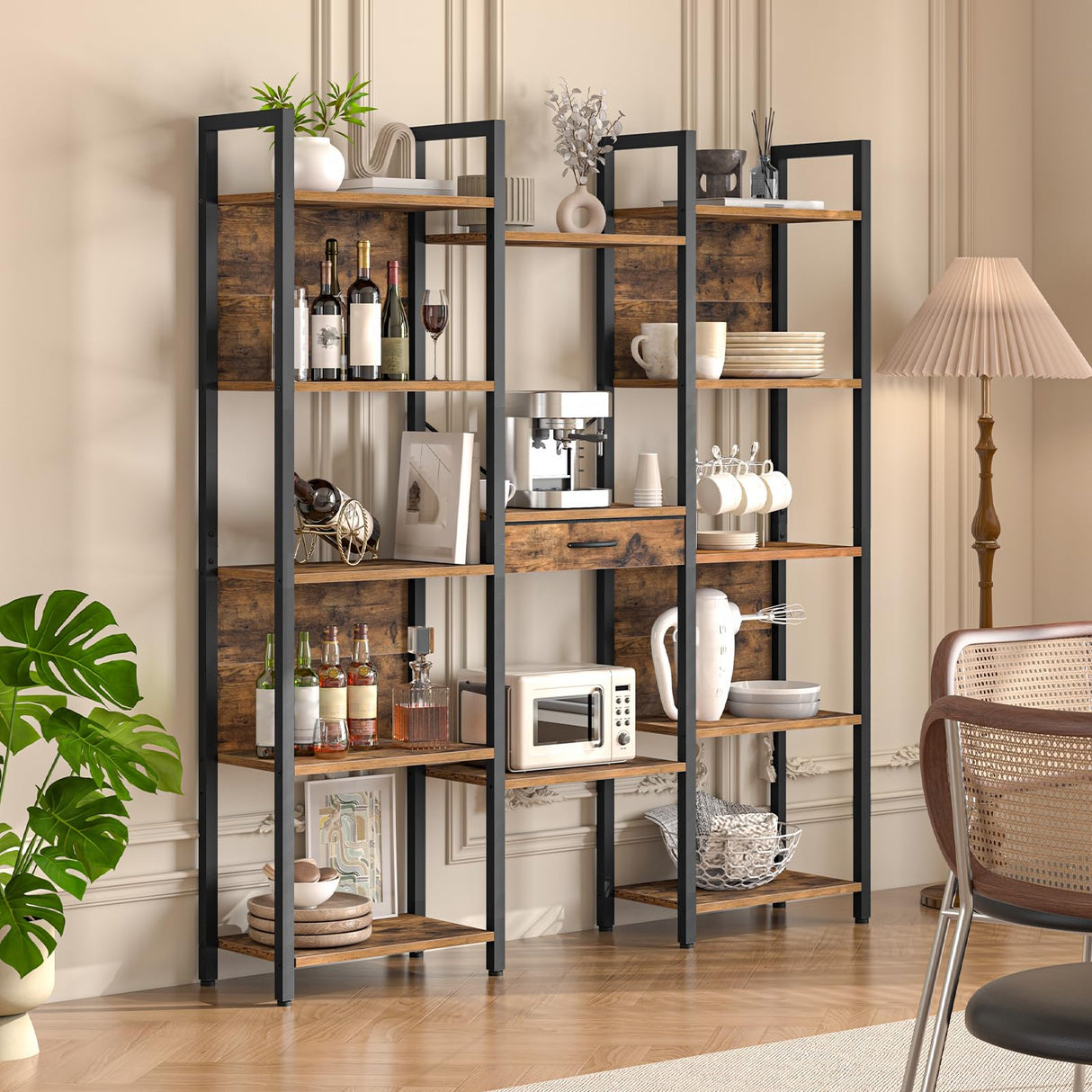 HOOBRO Triple Book Shelf, Industrial Bookshelf with Drawer, 5-Tier Bookcase with Metal Frame, Bookcase with 13 Open Display Shelves for Home Office, Living Room, Rustic Brown and Black BF160SJ01 HOOBRO