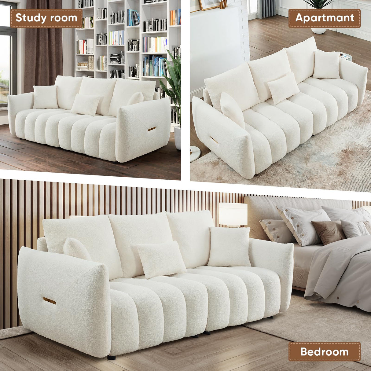 Antetek 81" Modern Sofa Couch, Comfy Deep Seat Teddy Cloud Sofa, Upholstered 3-Seater Boucle Couch, Oversized Loveseat for Living Room, Bedroom, Office, Apartment, Beige Antetek