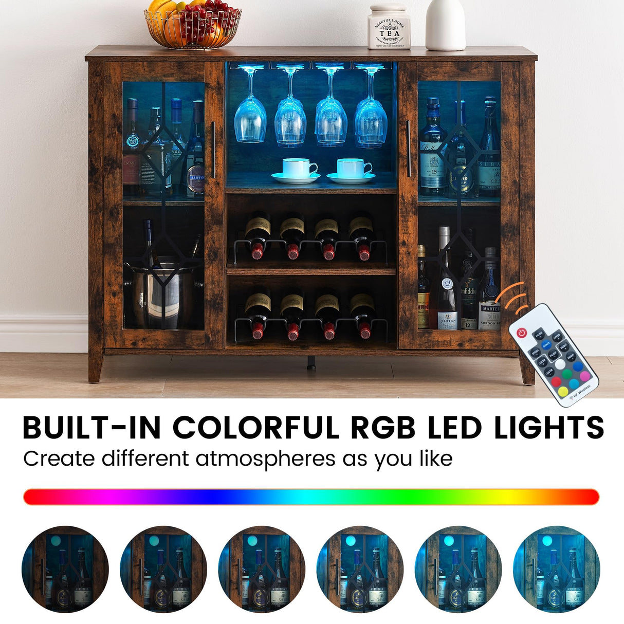 Wine Bar Cabinet With LED Lights - Modern Liquor Storage Cabinet With Wine Rack, Glass Holder & Adjustable Shelves, Kitchen Bar Cabinet for Dining Room, Living Room, Home Bar or Coffee Station Attracoast