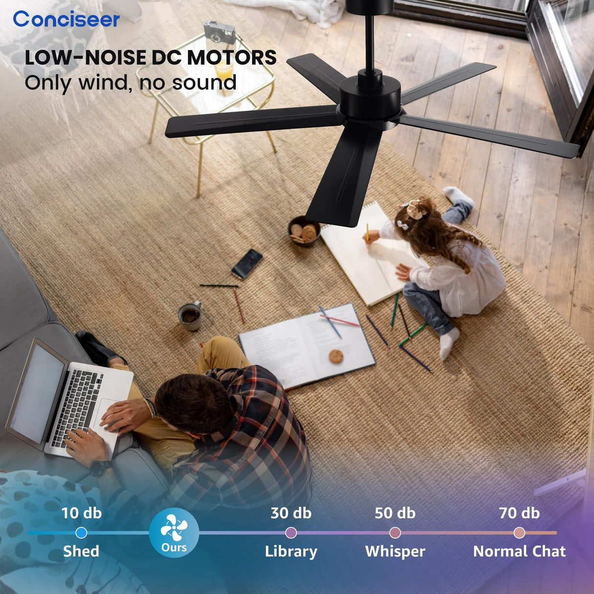 Conciseer Modern Ceiling Fans with Lights,52 Inch Ceiling Fans with Remote for Bedroom Living Room Kitchen, 18W 3CCT Dimmable,5 Blades 6 Speed Reversible Quiet DC Motor Black Conciseer