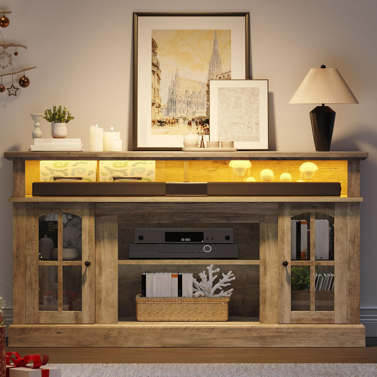 YITAHOME LED Farmhouse TV Stand for 65 Inch w/Outlets, Modern Entertainment Center with Glass Doors and Adjustable Storage Shelves, Media Console TV Cabinet for for Living Room, Grey YITAHOME