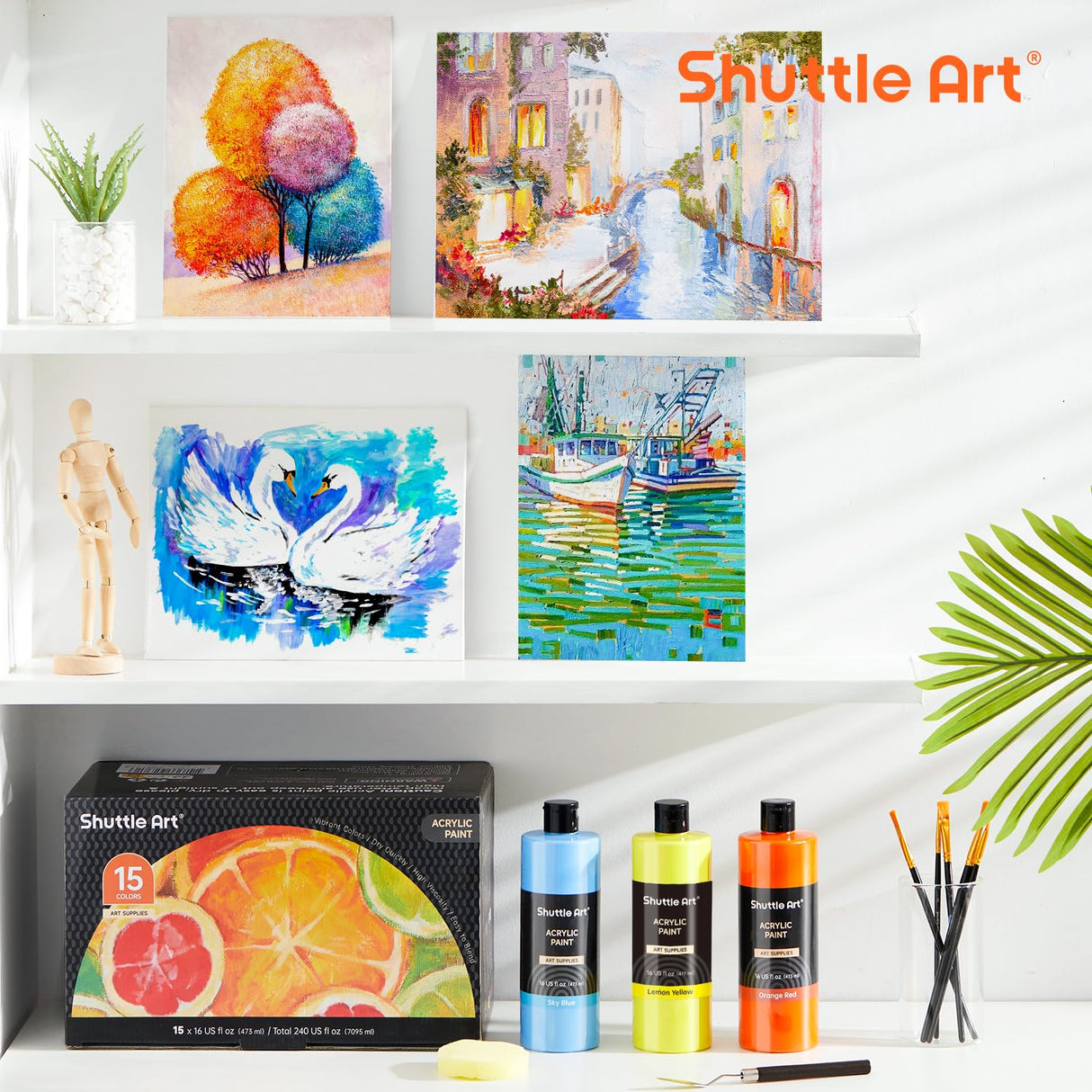 Shuttle Art Acrylic Paint, 15 Colors Acrylic Paint Large Bottle Set, 473ml/16oz Each, Rich Pigments, High Viscosity, Bulk Paint for Artists, Beginners and Kids on Rocks Crafts Canvas Wood Ceramic Shuttle Art