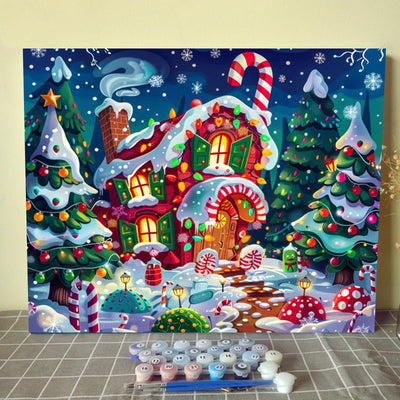 Christmas Candy House DIY Paint by Numbers for Adults Winter Snow Xmas Landscape DIY Oil Painting Acrylic Paint Art Painting Kits Canvas with Acrylic Paints Cute Holiday Art 16x20 Inch(without Frame)