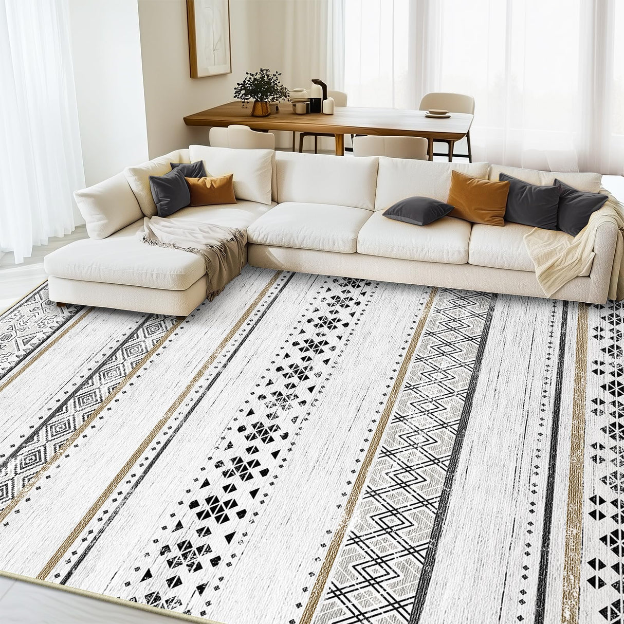 BESTSWEETIE 8x10 Area Rugs for Living Room Washable Moroccan Farmhouse Neutral Geometric Low Pile Non-Slip Soft Print Pattern Rug for Bedroom Kitchen Dining Room Entryway Black/Brown BESTSWEETIE