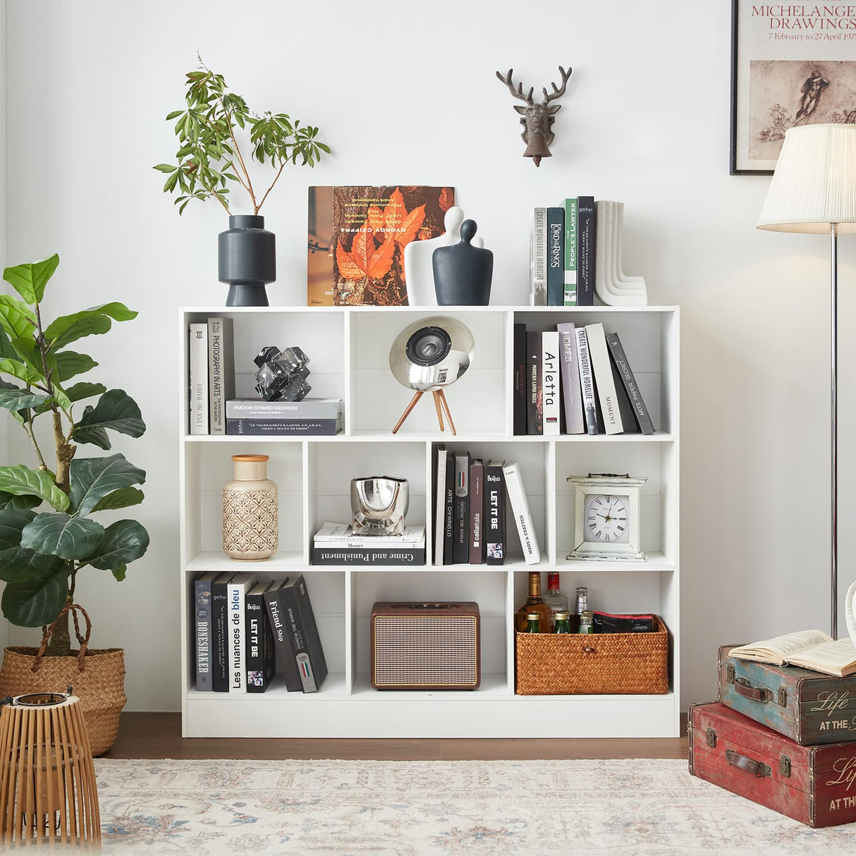 YAHARBO White 10 Cube Bookshelf,3 Tier Modern Horizontal Bookcase,Wooden Low Book Shelf Display Storage Cabinet with Base,Floor Standing Short Bookshelves Open Organizer for Bedroom,Living Room,Office YAHARBO