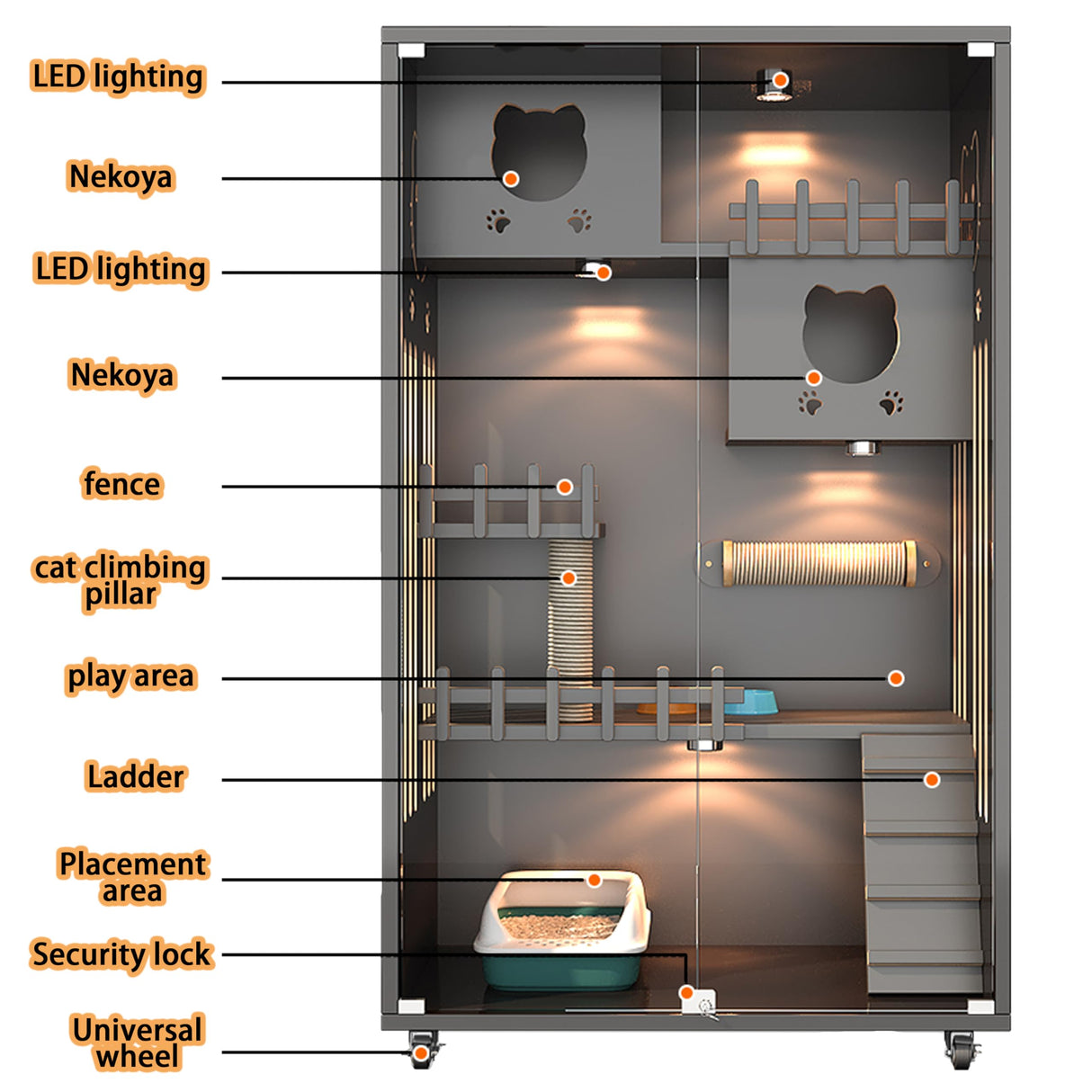 Wooden Cat House Large Space Cat Cage with Scratching Post, Wooden Indoor/Outdoor Cat Enclosure with Wheels, Multi-Feature Enclosed Cat Houses for Indoor Cats Ventilation Glass Doors,50" X 24" X 24" HUATOL