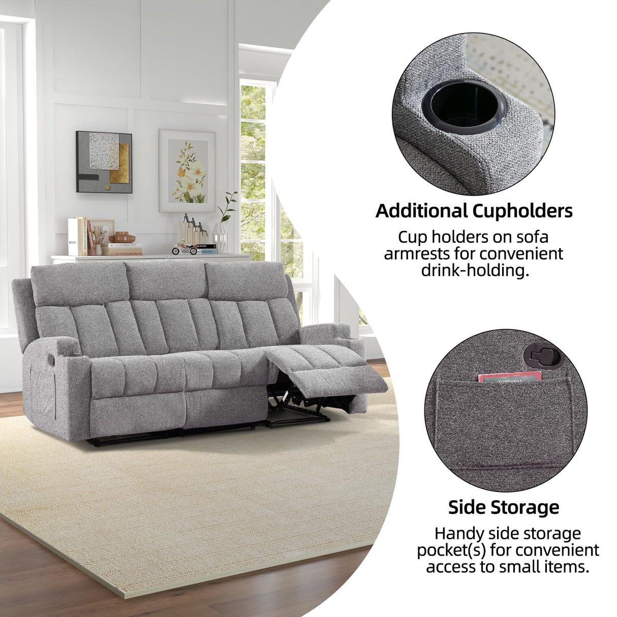 CANMOV Manual Fabric Reclining 3 Seat Sofa Couch with 2 Cup Holders, 3 Seater Recliner Sofa Couch with Armrest and Pockets for Living Room, Bedroom Furniture, Gray CANMOV