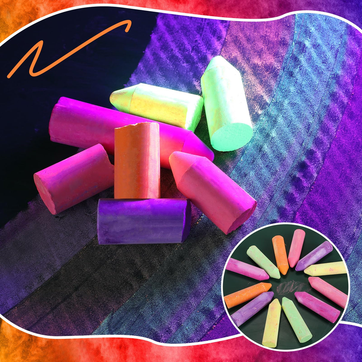 Feifeiya 12 Pcs Glow in the Dark Chalk Under Blacklight, 6 Neon Colors Washable Dustless UV Sidewalk Chalk for Black Light Party Playground Chalkboard Birthday Gift and Outdoor Drawing (Crayon) Feifeiya