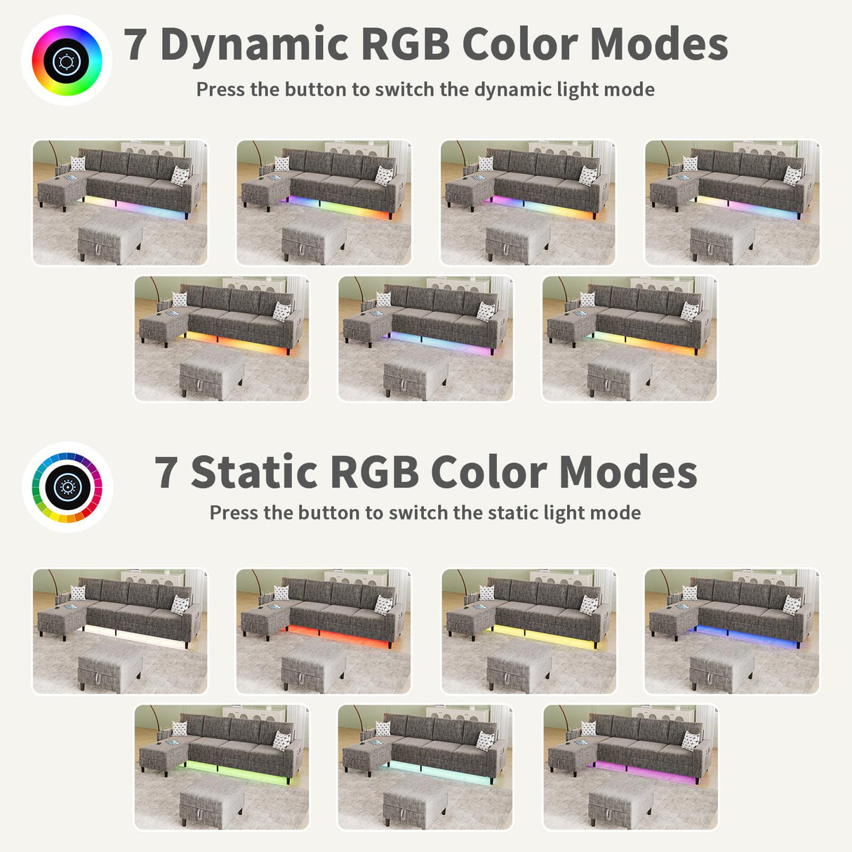 Sectional Couches for Living Room, 6-Seats Soft Linen Fabric Sectional Sofa with Storage Ottoman, Modern Convertible U/L Shaped Couch with Smart Charging Module/LED Light/Music Sync (Light Grey) BULAIMEIKEEY