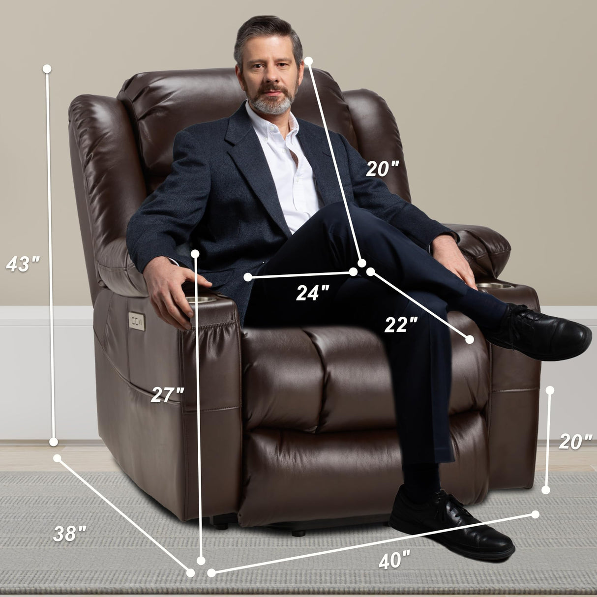 Outspurge Power Lift Recliner Leather Chair Sofa with Massage & Heat, Lazy Boy Chair with Cup Holders, USB & Type-C Ports, Remote Control (Brown) Outspurge