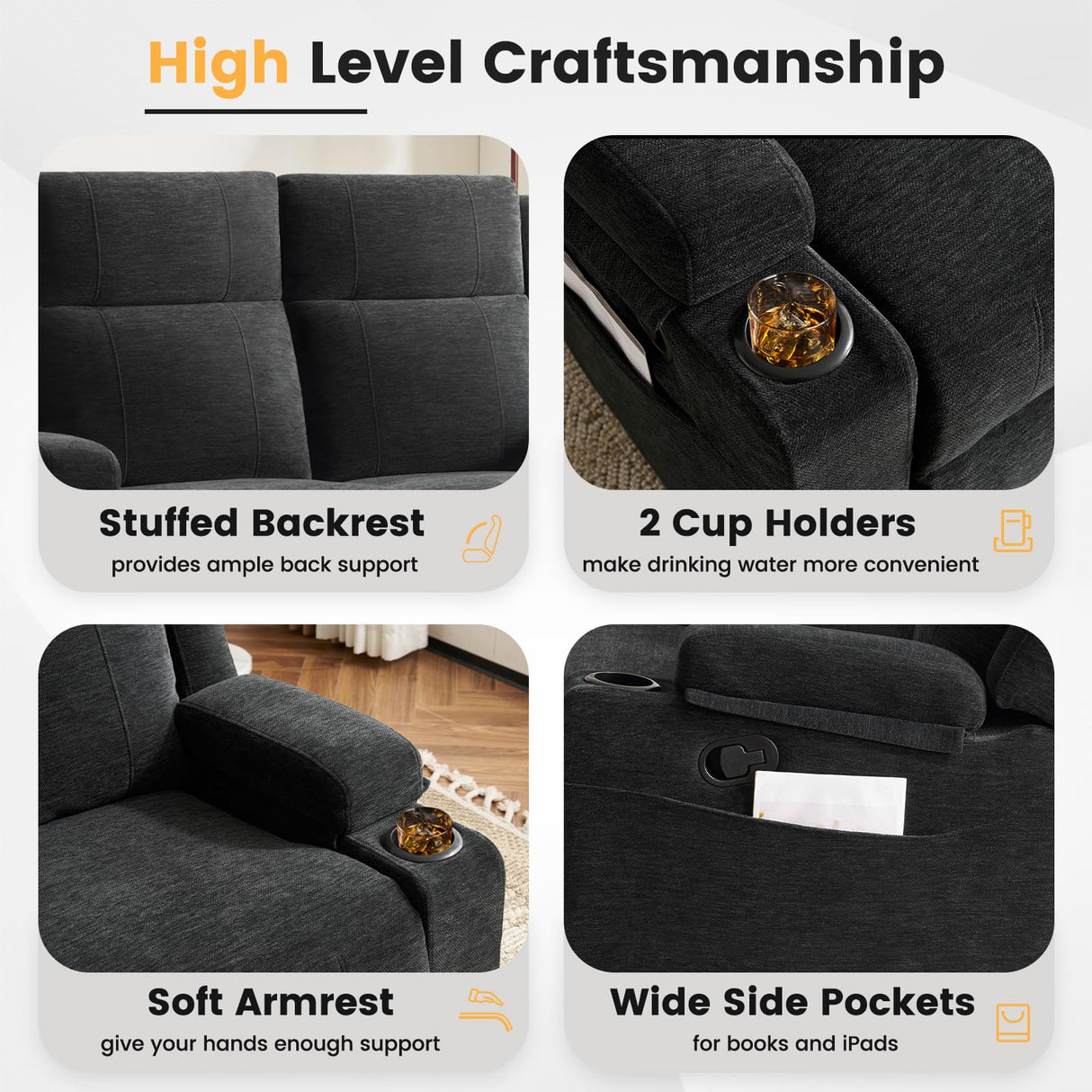 RIHEREFY Loveseat Recliner Sofa, Double Recliner Loveseat with Adjustable Footrest & Cup Holder, Wall Hugger Sofa for Living Room & Home Theater & RV(Black) RIHEREFY