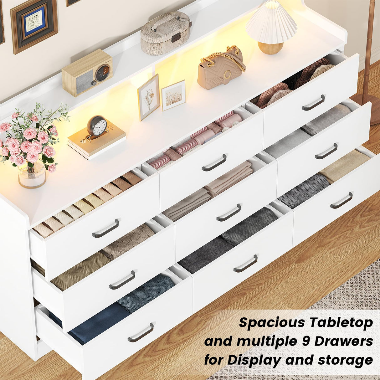 Bigbiglife 9 Drawer Dresser with Built in Power Outlet and LED Light, Modern Chest of Drawers for Bedroom, Triple Wide Drawer Organizer Cabinet for Living Room, Entryway, Hallway, Antique White Bigbiglife