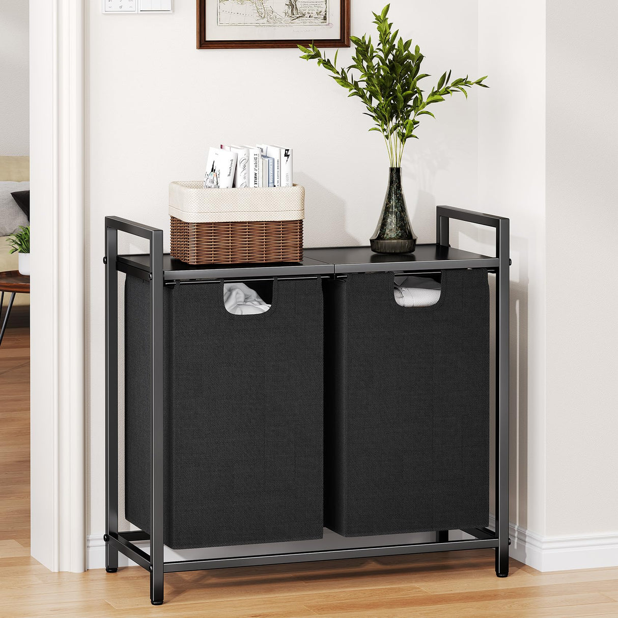 Kitstorack Laundry Basket Organizer, Laundry Hamper with Shelf & 2 Pull-Out Removable Bags, Dirty Clothes Hamper Organizer for Laundry Room Bathroom and Dorm, 2 x 11.8 gallons (44.5L) Kitstorack