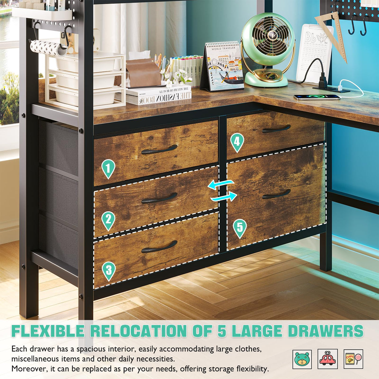 Loft Bed Twin Size with L-Shaped Desk and Storage, Metal Bunk Bed with Desk Underneath and LED Lights & Charging Station, Twin Loft Bed with Desk, 5 Drawer 2 Pegboards, Safety Guard Ladder, Brown BYSAUD