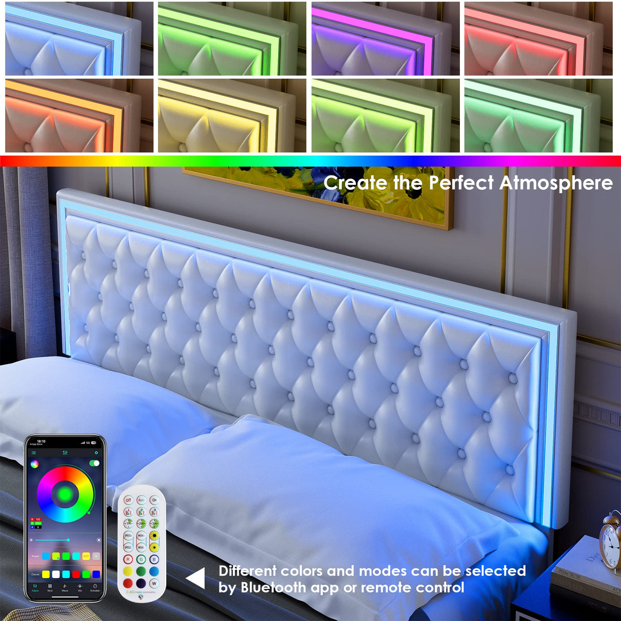 Keyluv Queen Upholstered LED Bed Frame with 4 Storage Drawers and Adjustable Tufted Headboard in White Keyluv