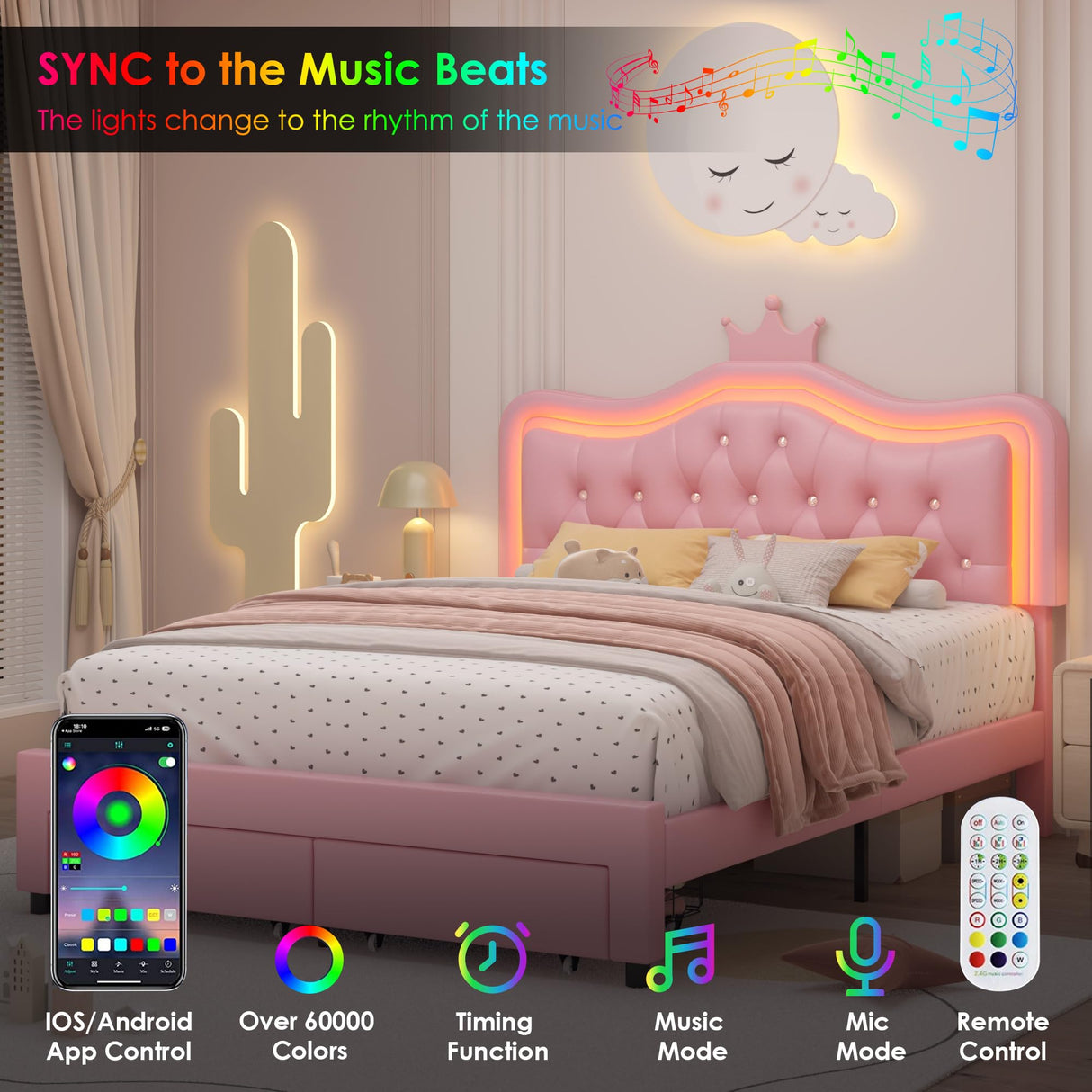 Keyluv Pink LED Upholstered Crown Bed Frame with Storage Drawer and Adjustable Headboard Keyluv