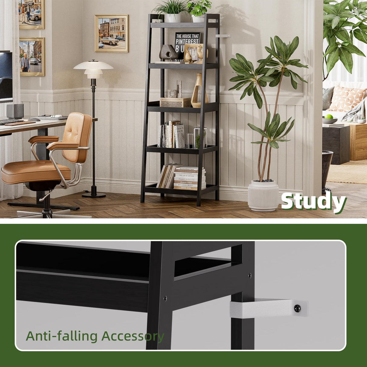 vovala Bookshelf, 5 Tier Ladder Bookcase with Bamboo Frame, Freestanding Tall Narrow Display Plant Shelf for Living Room, Kitchen, Bedroom, Balcony, Black vovala