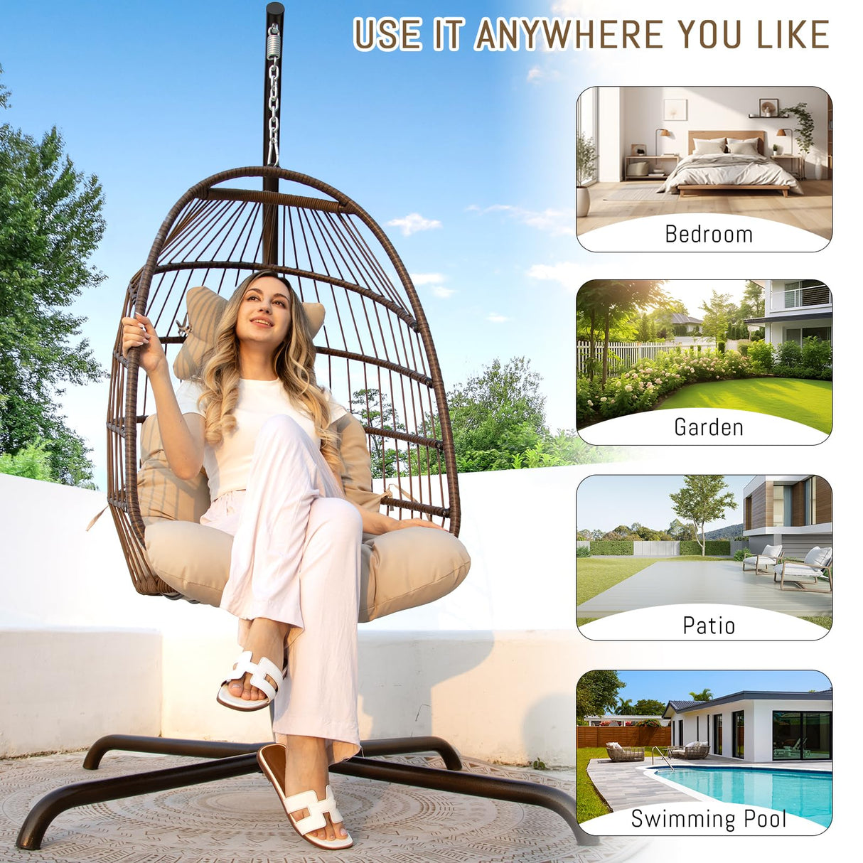 RADIATA Patio Hanging Egg Chair with Stand, Rattan Swing Chair with Cushion and Pillow, Wicker Hammock Chair for Indoor Outdoor Bedroom Living Room Garden (Brown with Cover) RADIATA