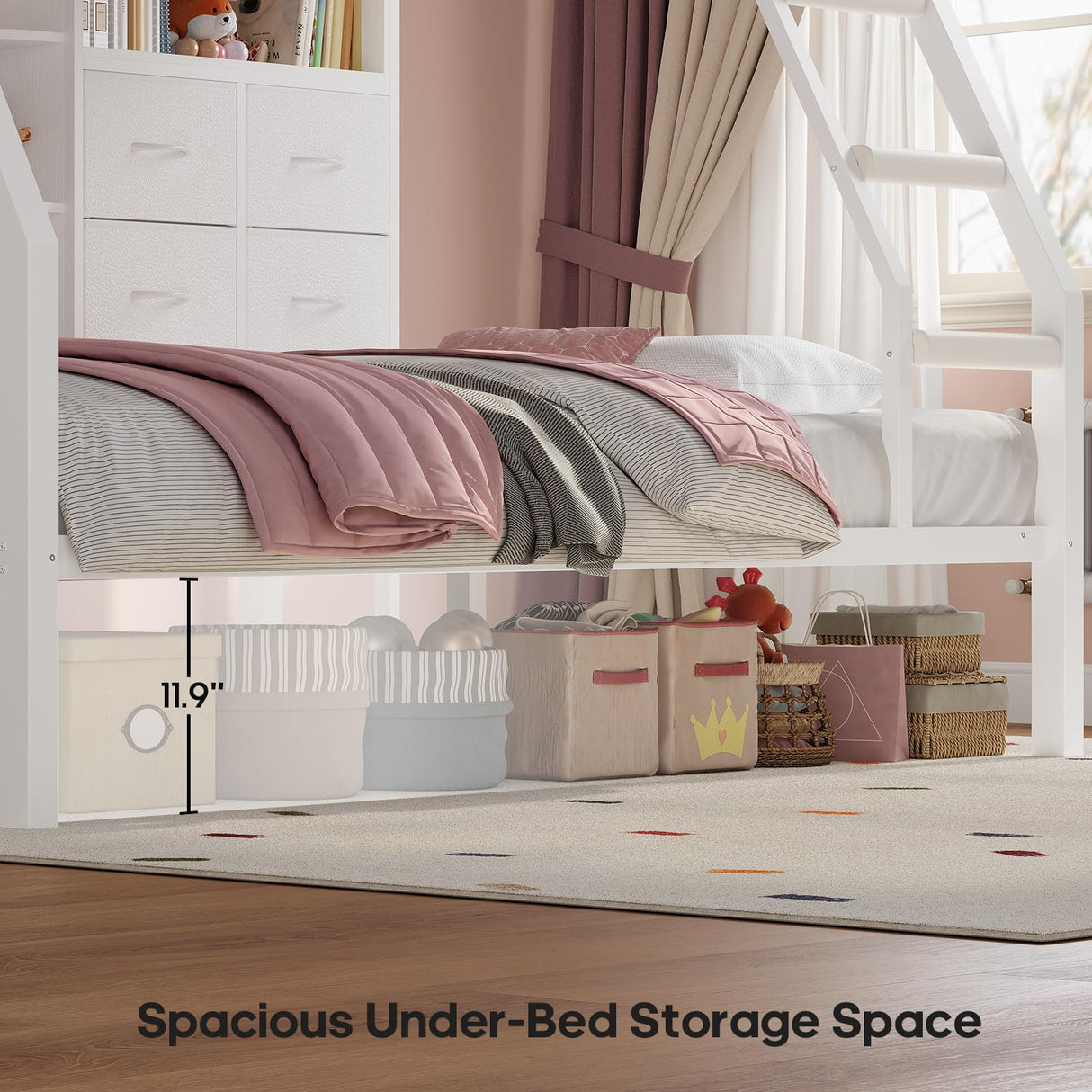 BTHFST Bunk Bed Twin Over Twin with 4 Storage Drawers & Shelves & Bedside Caddy, Twin Bunk Beds with Charging Station & Led Lights, Metal Bunk Bed with Safety Guardrail & Angled Ladder for Kids, White BTHFST