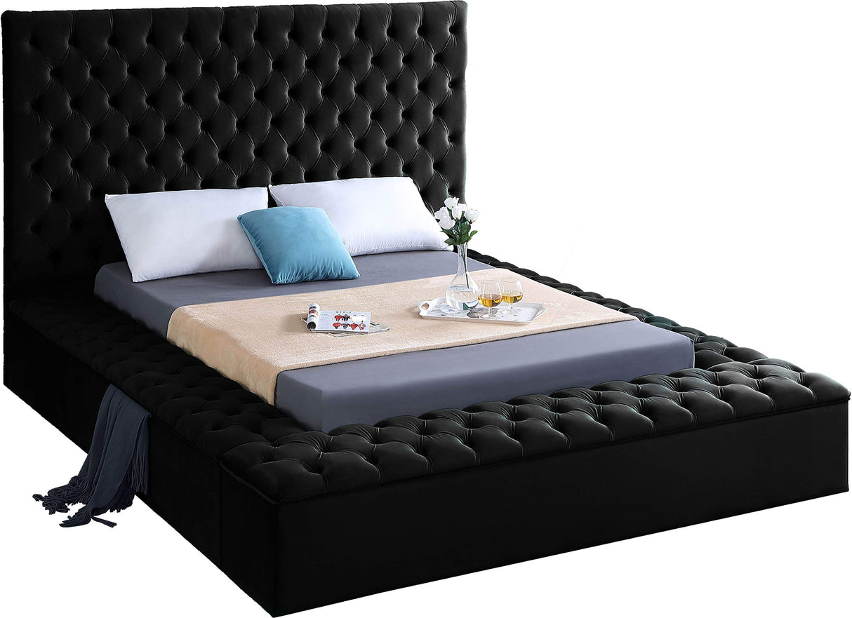 Meridian Furniture Bliss Collection Modern | Contemporary Velvet Upholstered Bed with Deep Button Tufting and Storage Compartments in Rails and Footboard, Black, King Meridian Furniture