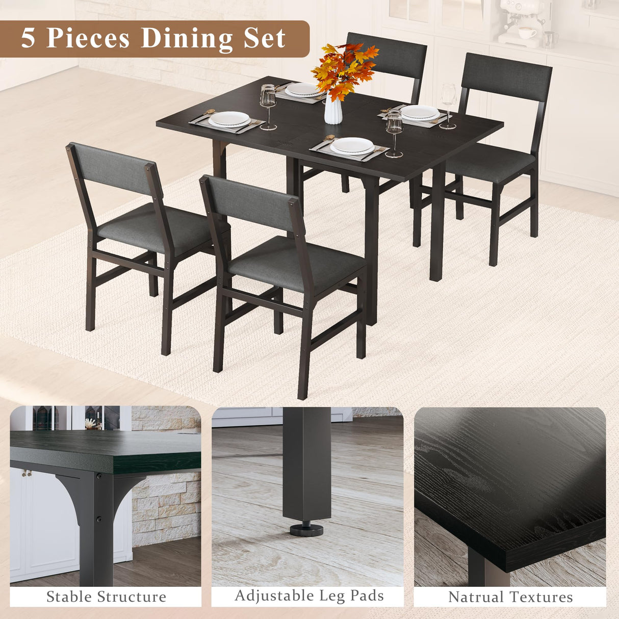 HUAHUU Dining Table Set for 4, Extendable Kitchen Table Cushion Chairs Set of 4, Rectangle Dining Table with Metal Frame & MDF Board, Folding for Small Apartment Saving Space, Black HUAHUU