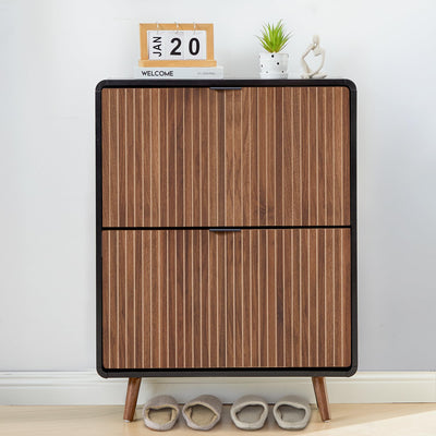 Fluted Shoe Cabinet Storage for Entryway,Slim Shoe Cabinet with 2 Flip Drawers, Narrow Shoes Rack Organizer (Walnut with Black, 2 Drawers)