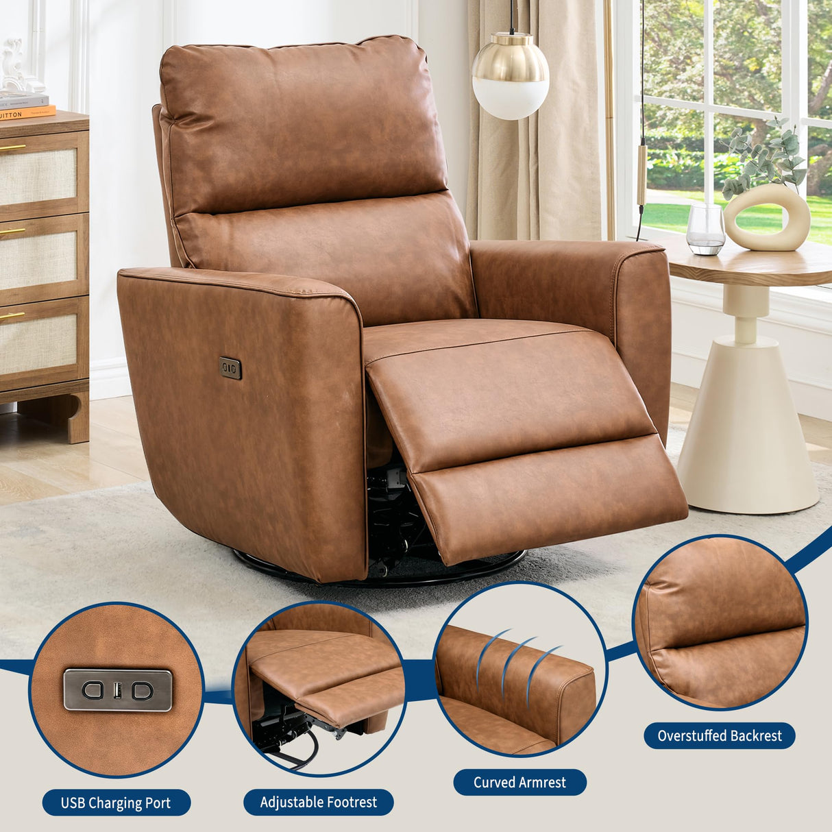 GAOMON Power Recliner Chair Swivel Glider Faux Leather Upholstered Nursery Rocker Reclining Sofa Chair with Charging Port, Curved Armrests & Padded Backrest for Living Room and Bedroom (Brown) GAOMON