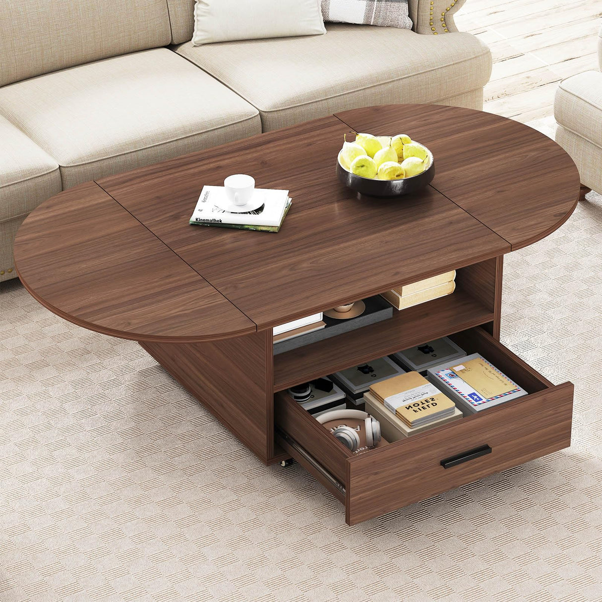 IBF Foldable Coffee Table with Drawer, Wood Living Room Table with Storage, Multifunctional Oval Center Table with Wheels, Extendable Rolling Tea Table for Living Room Home Office, Walnut, 47 Inch IBF