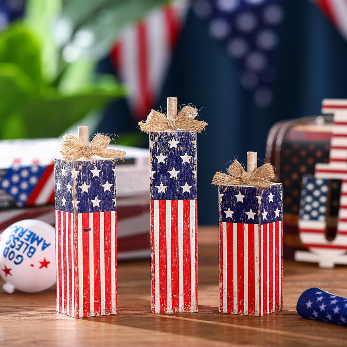 Redbaker 3 Pcs Patriotic Tiered Tray Decor Memorial Day Decorations 4th of July Wood Table Block and Centerpieces Rustic Farmhouse Wooden Firework Sign for Home Tabletop Shelf Decor Redbaker