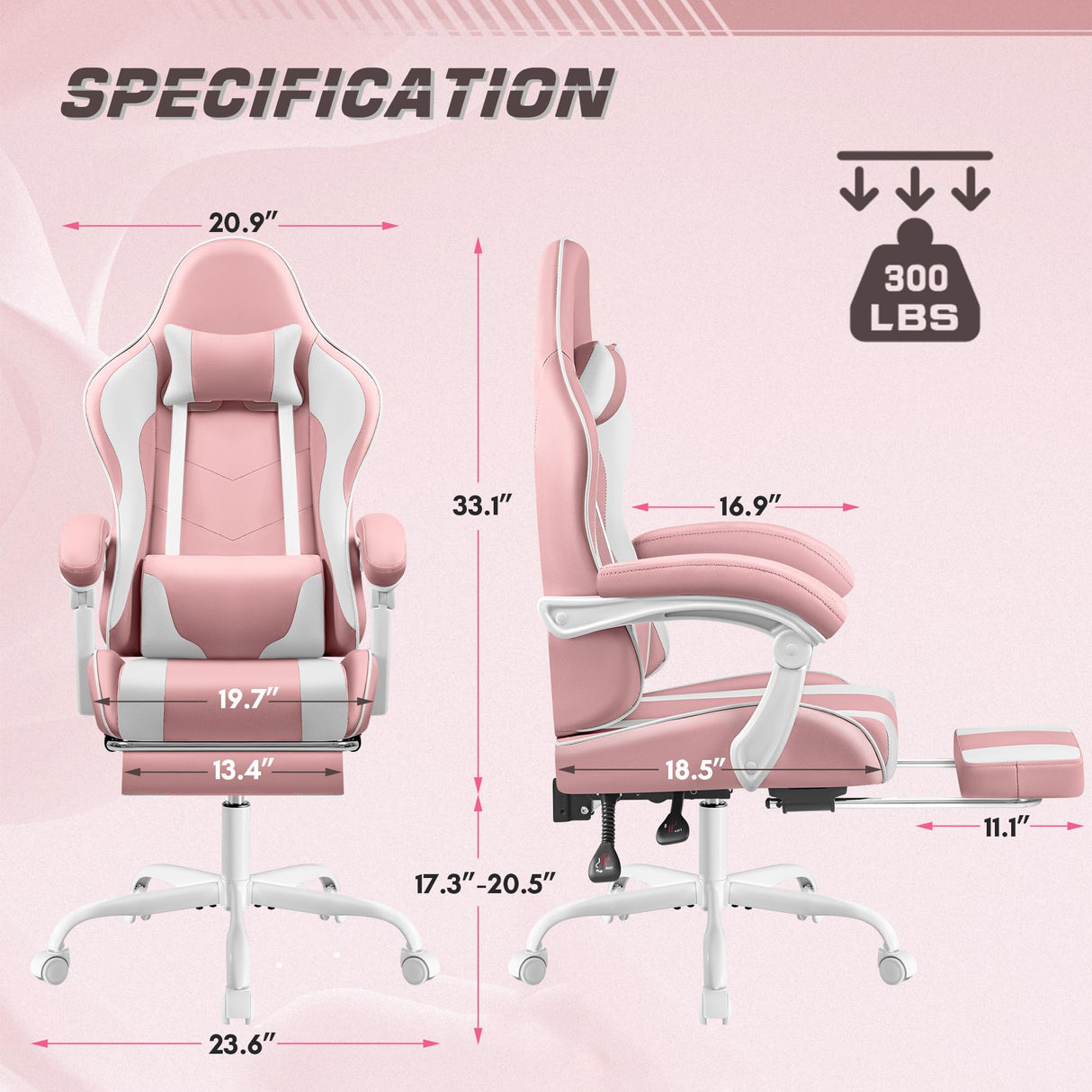 Shahoo Gaming Chair with Footrest and Massage Lumbar Support, Video Racing Seat Height Adjustable with 360°Swivel and Headrest for Office or Bedroom, Pink Shahoo