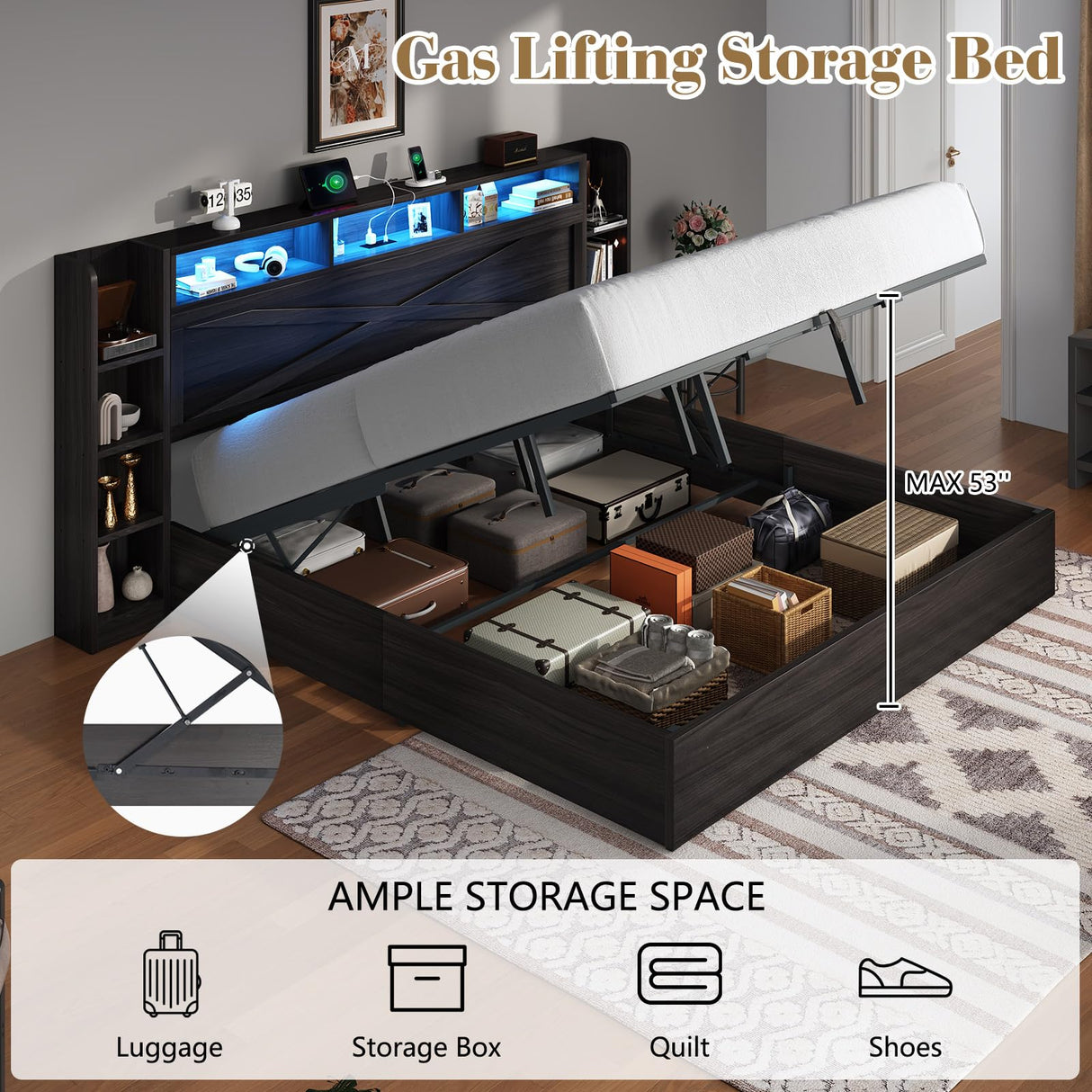 LUXOAK Queen Size Lift Up Bed Frame with Bookcase Headboard & 2 Side Shelf, Farmhouse Storage Bed with LED Light and Charging Station, No Box Spring Needed, Noise-Free, Black Oak LUXOAK