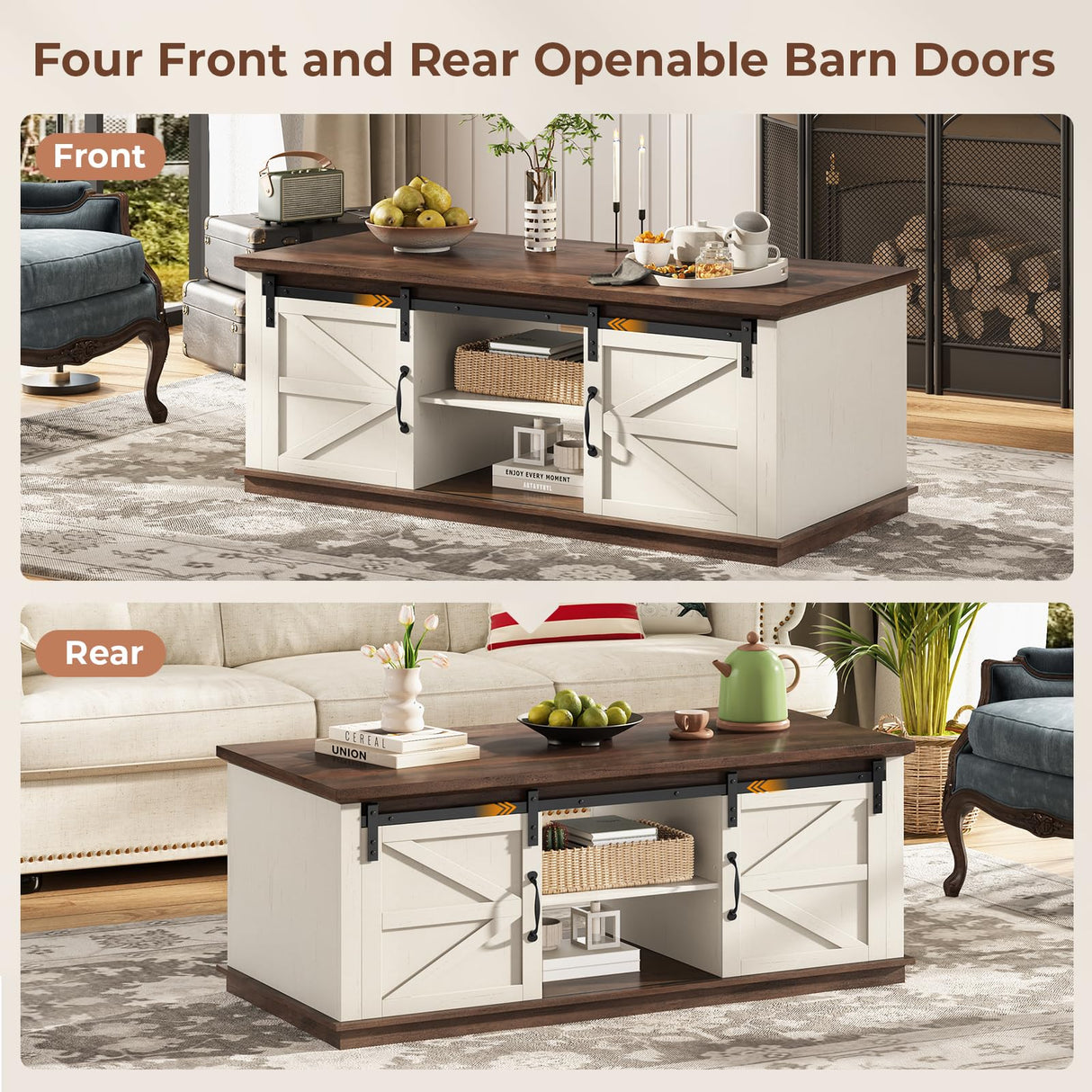 UPOSOJA Farmhouse Coffee Table for Living Room with Storage & 4 Sliding Barn Doors, Adjustable Shelves, Modern Rectangular Rustic Living Room, Meeting Room, Hall Coffee Tables (White Brown) UPOSOJA
