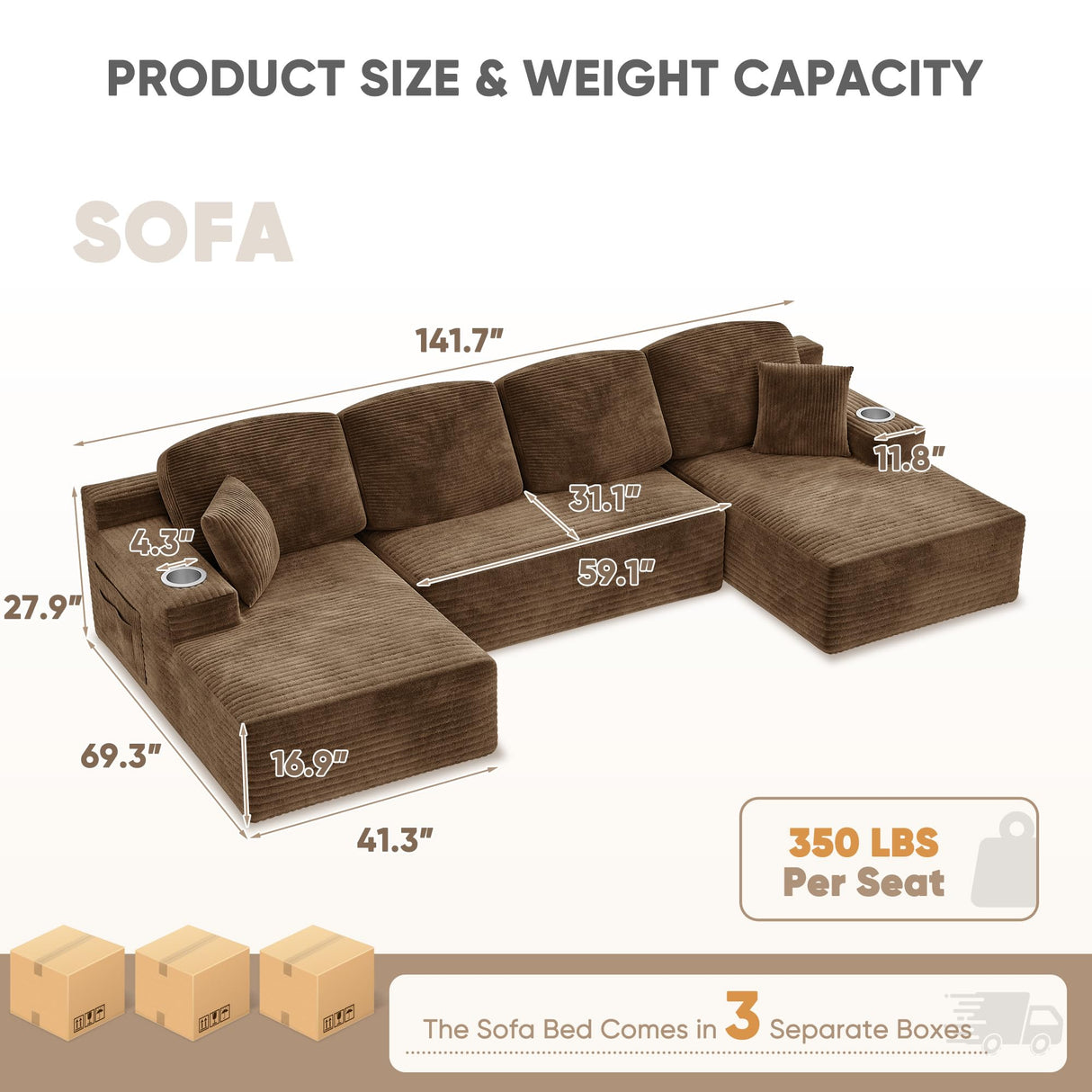 Homall 142" Boneless Couch, Modular Sectional Sofa, No Assembly Required, Memory Foam Filling, Corduroy U-Shaped Sofa, Movable Multi-Person Couch for Living Room (Brown) Homall