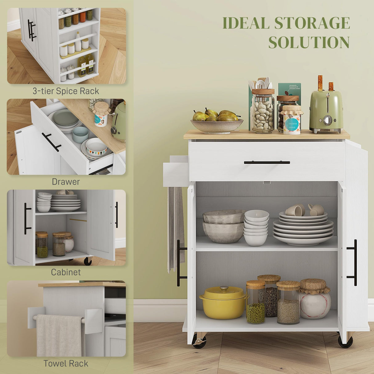 HOMCOM Kitchen Island with Storage, Rolling Kitchen Cart with AC Outlets and USB Ports, Microwave Stand with Towel and Spice Rack, White HOMCOM