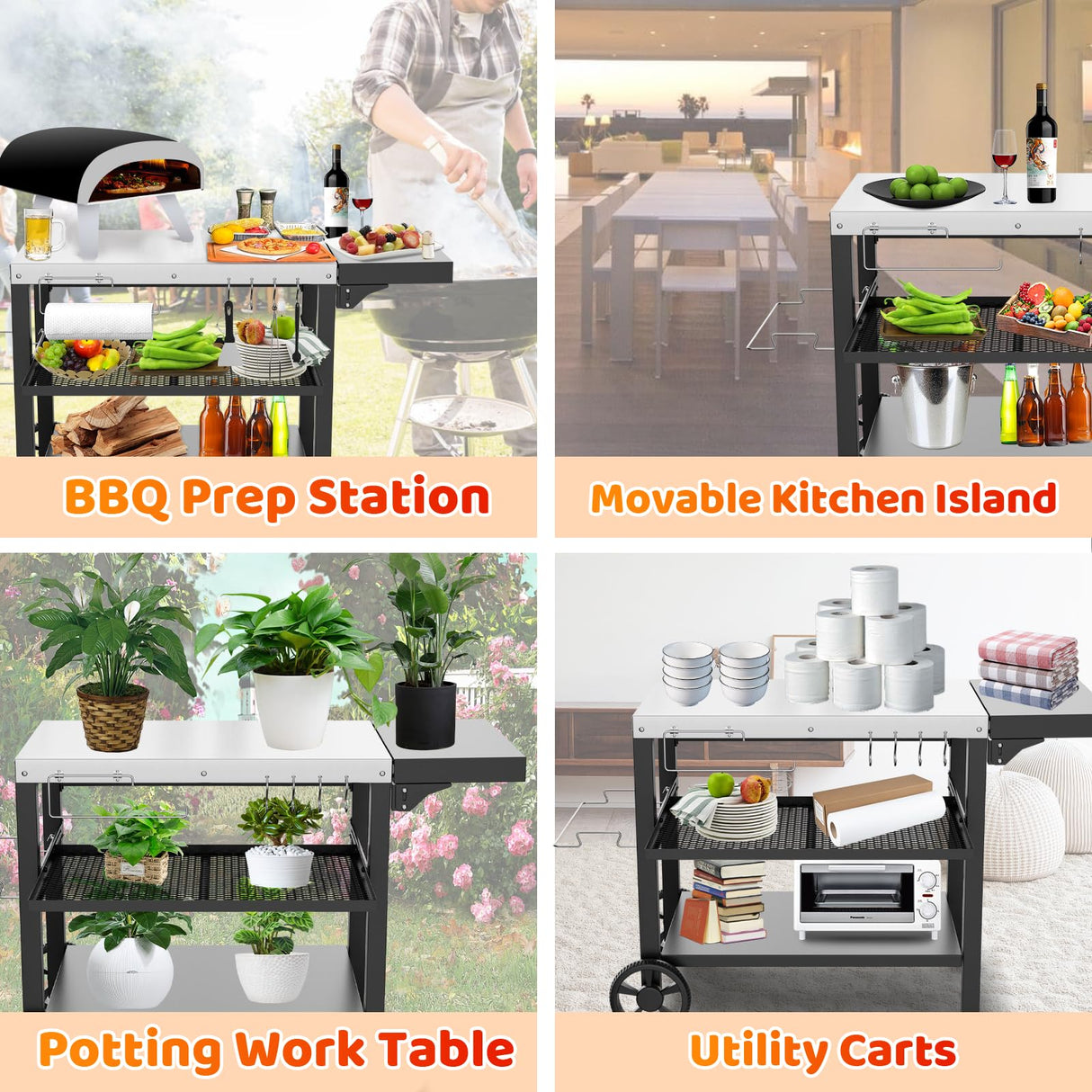Outdoor Kitchen Island, Grill Table Cart with Drawer, Pizza Oven Stand, Movable 3-Shelf Prep Table with Side Table for Ninja Woodfire, Ooni Pizza Oven, Blackstone Griddle, Cuisinart, Cooking Station BBQMall