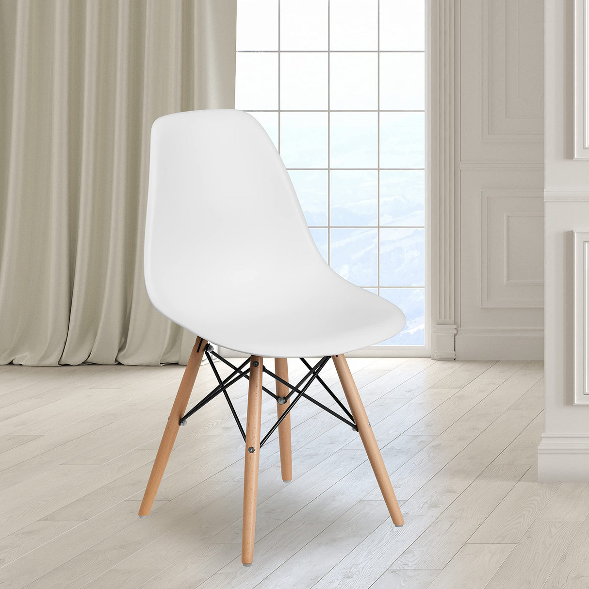 Flash Furniture Elon Series White Plastic Chair with Wooden Legs for Versatile Kitchen, Dining Room, Living Room, Library or Desk Use Flash Furniture