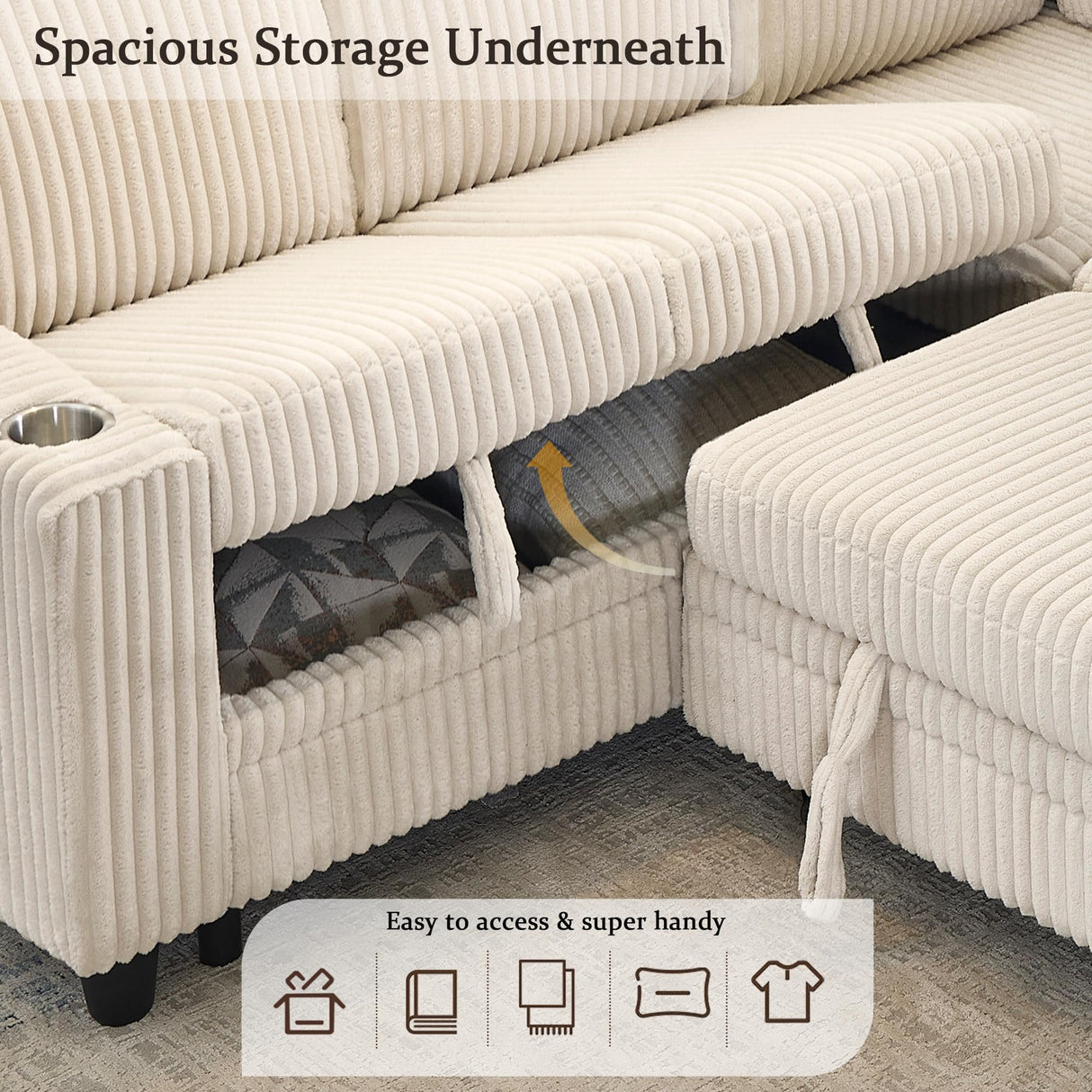 KEIKI 81" L-Shaped Oversized Corduroy Modular Sectional Sleeper Sofa with Pull-Out Bed, Storage Seat, Modern 5-Seater Upholstered Couch Bed with Charging Station, Easy Assembly, for Living Room, Beige KEIKI