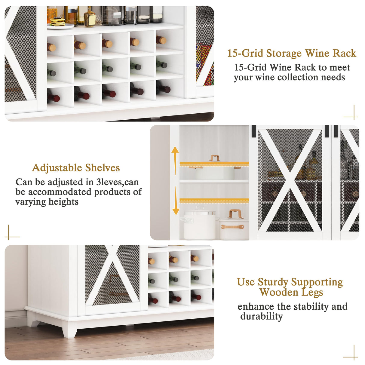 63 Inch Farmhouse Coffee Bar Cabinet with LED Lights, Wine Bar Cabinet with Storage, Kitchen Buffet Hutch with Sliding Barn Door, 15-Bottle Wine Rack, 4 Hooks & Glass Holder, Adjustable Shelves, White CayugaCrekrd