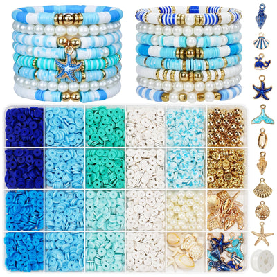Gionlion Clay Beads for Bracelets, Blue Clay Beads Bracelet Making kit with Golden Pearl Beads for Jewelry Making, Beach Charms Bracelet Kit and Crafts DIY Gifts for Women Beach Fashion