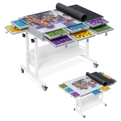 Tektalk 2000 Piece Foldable Felt Jigsaw Puzzle Board with Height Adjustment, Puzzle Table with 2 Felt Cover & 8 Sorting Trays/Drawers, Easel with Legs, Enclosed with 4 Roller Wheels - Light Gray