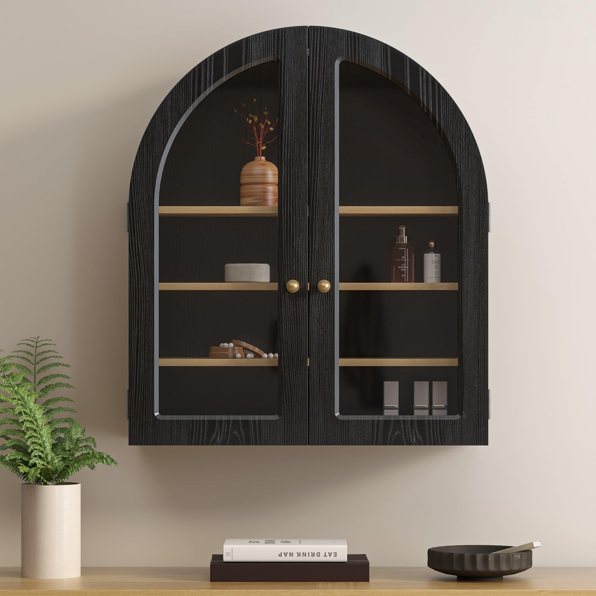 MoomJiee Large Arched Bathroom Wall Cabinet Modern Wooden Display Cabinet with Acrylic Doors Farmhouse Wall Mounted Cupboard Storage Organizer for Laundry Room, Dining Room, Black MoomJiee