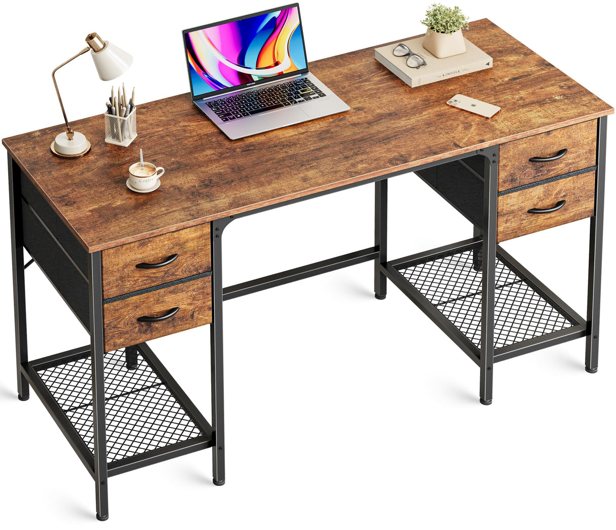 Huuger 47 Inch Computer Desk with 4 Drawers, Office Desk with Mesh Shelf, Gaming Desk, Large Storage, Writing Desk Work Desk for Home Office, Study, Bedroom, Work from Home, Rustic Brown Huuger