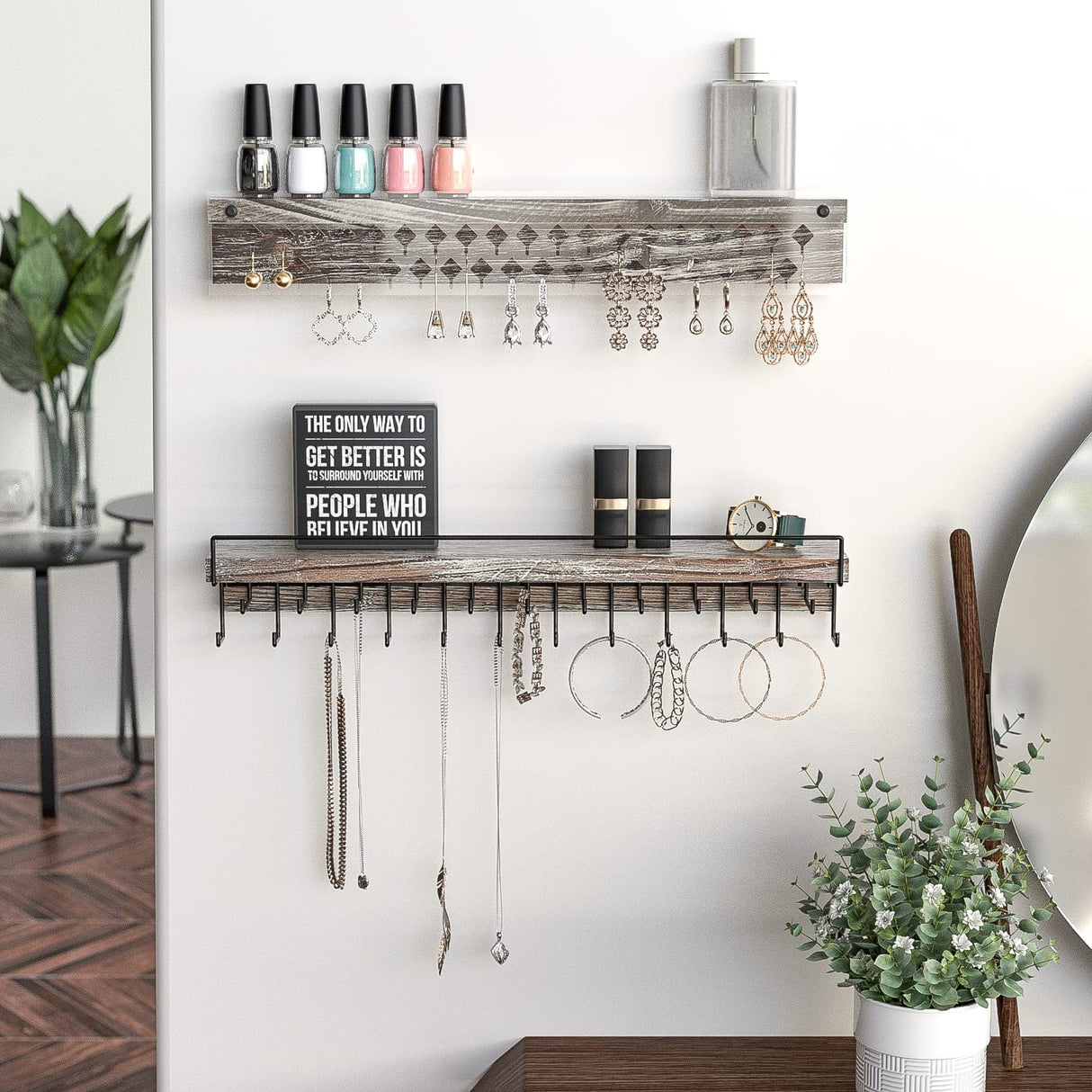 J JACKCUBE DESIGN Wall Mount Necklace Holder Jewelry Hanger with 23 Hook Necklace & Bracelet Racks, Rustic Farmhouse Wood Earring Display with Clear Acrylic - MK585A J JACKCUBE DESIGN