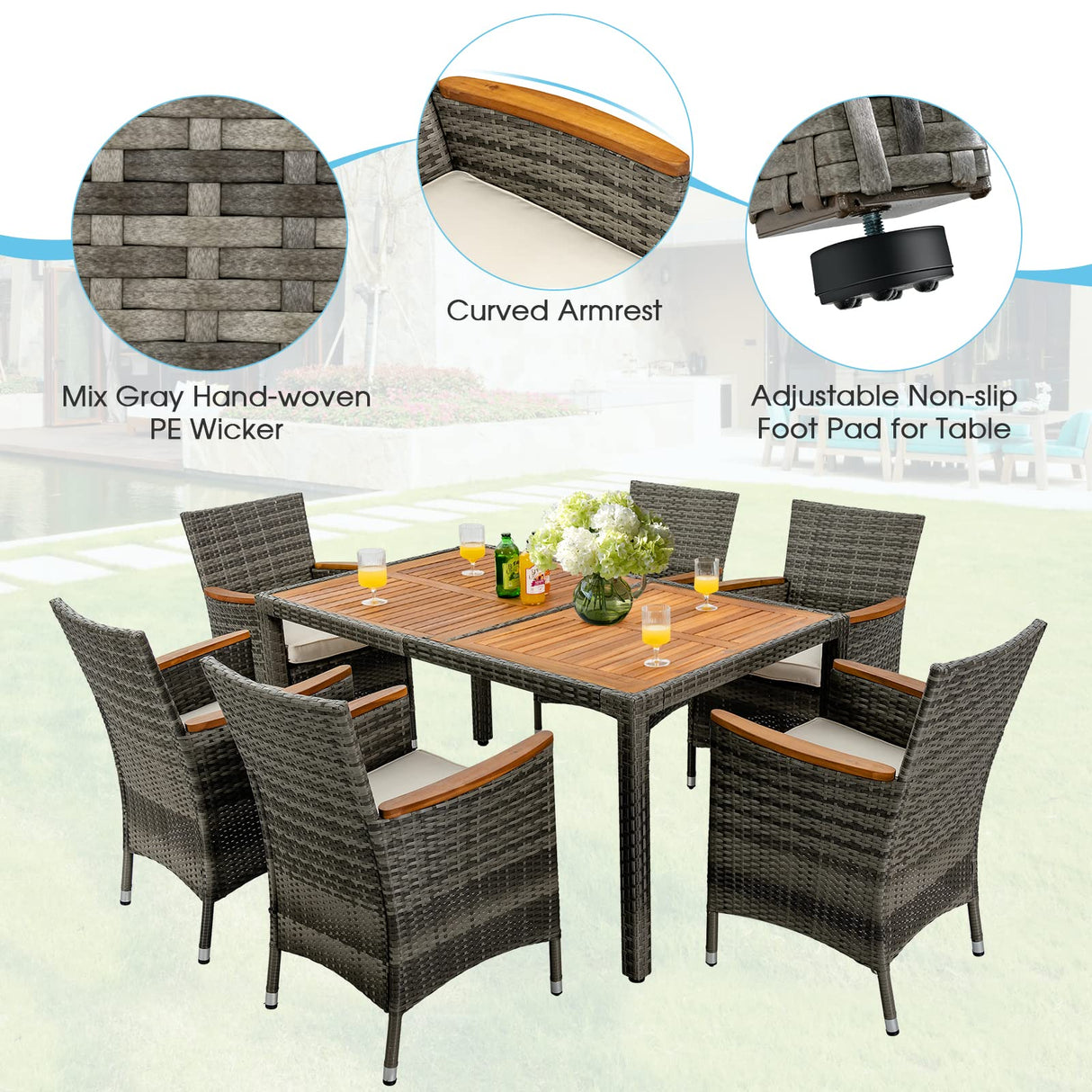 Toolsempire 7 Pieces Patio Dining Set Outdoor Dining Set, Wicker Patio Furniture Set with Acacia Wood Table and Chairs, Garden Dining Table Set for Backyard, Desk, Poolside, (Grey) Toolsempire