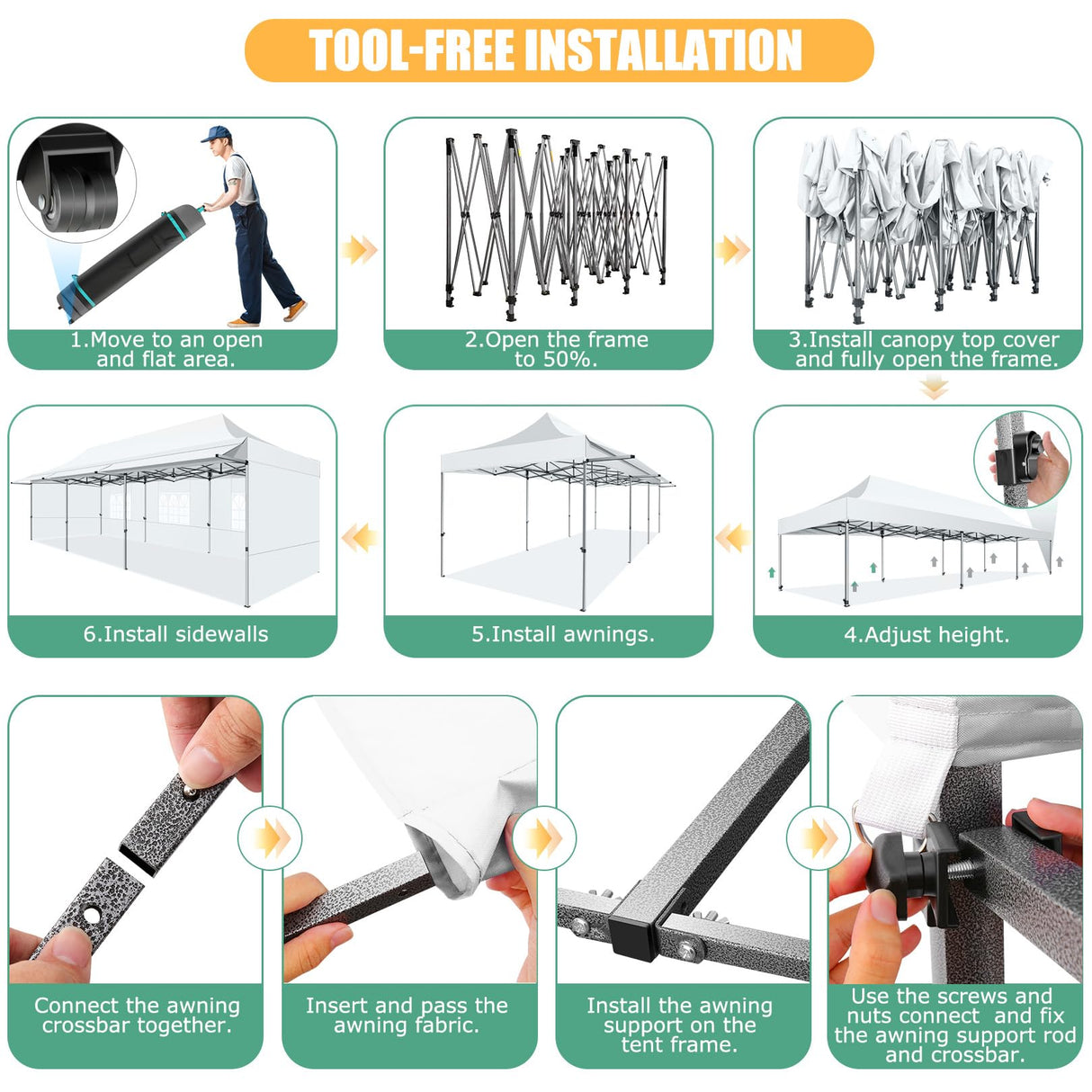 COBIZI 10x30 Pop Up Canopy Tent with Awning,Heavy Duty Canopy UPF 50+ All Season Wind Waterproof Commercial Outdoor Street Vendors Party Tents for Parties Canopy with Roller Bag(10 x 30 ft White) COBIZI